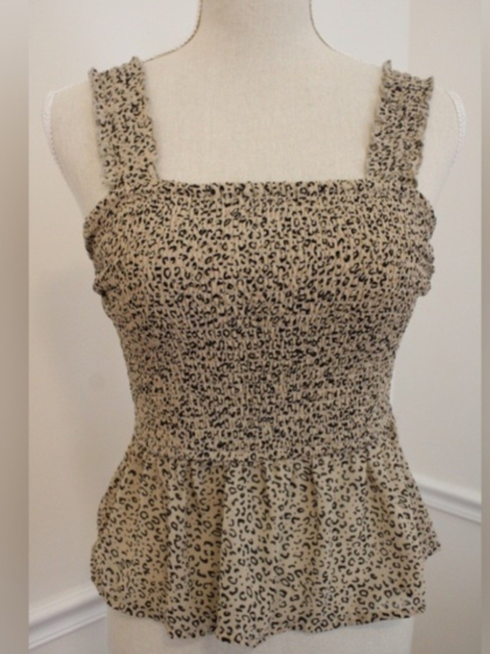 Smocked Leopard Print Tank Top - Beige